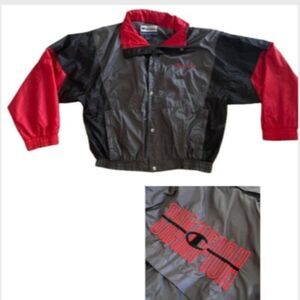 Vintage Champion WIndbreaker with Large back logo Hidden Hood Black Red L